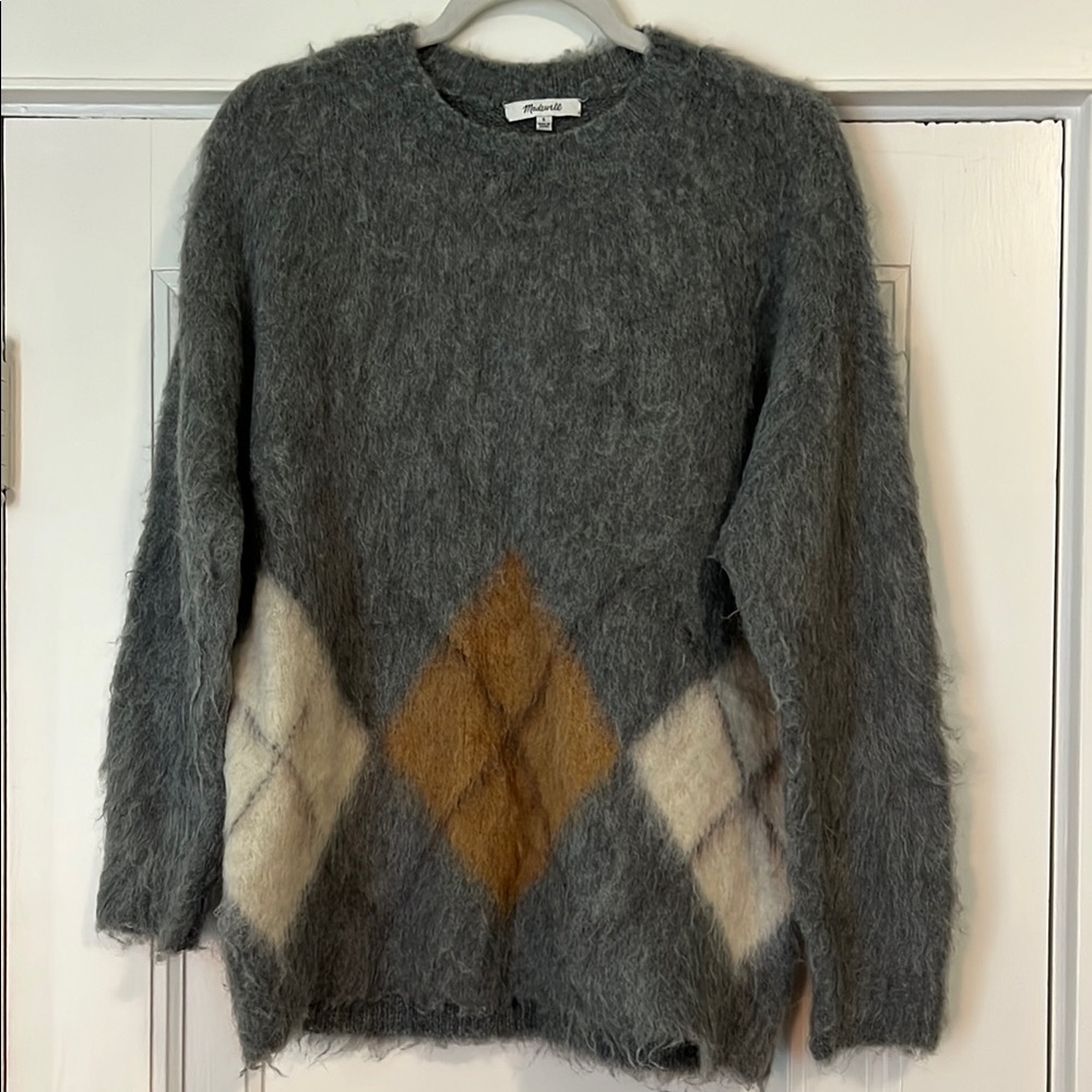 Madewell Gray and Tan Crew Neck Sweater with Argyle Design
